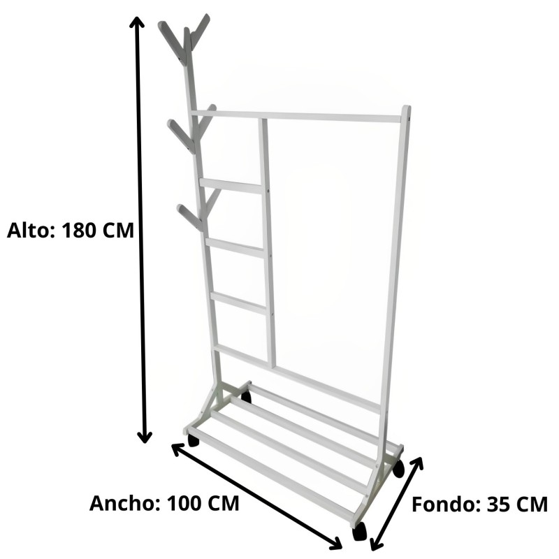 Perchero colgador multiusos con ruedas,  portatil, madera maciza color blanco