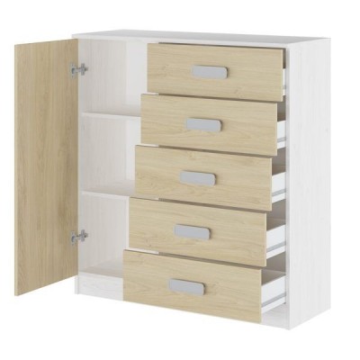 Cómoda Grande para Dormitorio o Salón - Blanco Veteado y Natural, 60 x 108 x 60 cm, 1 Puerta y 5 Cajones de Almacenaje.