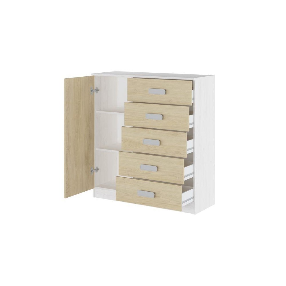 Cómoda Grande para Dormitorio o Salón - Blanco Veteado y Natural, 60 x 108 x 60 cm, 1 Puerta y 5 Cajones de Almacenaje.