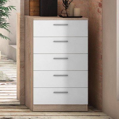 Cómoda con 5 Cajones, Sinfonier, Color Cambria y Blanco, Medidas: 60 cm (An) x 103 cm (Al) x 40 cm (Fo)