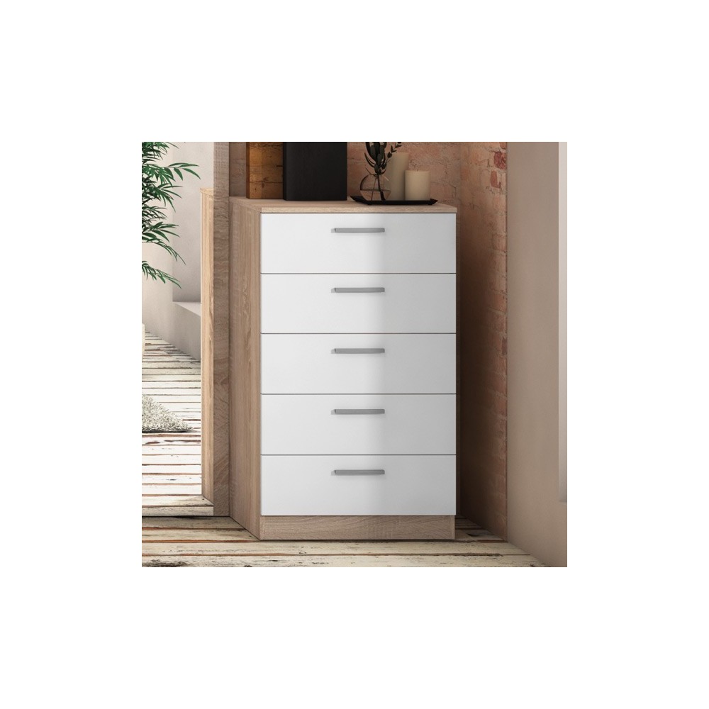 Cómoda con 5 Cajones, Sinfonier, Color Cambria y Blanco, Medidas: 60 cm (An) x 103 cm (Al) x 40 cm (Fo)