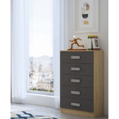 Sinfonier 5 Cajones, Cómoda, Acabado en Cambrian y Grafito, Medidas: 60 cm (An) x 108,5 cm (Al) x 38 cm de (Fon) - Meyvaser
