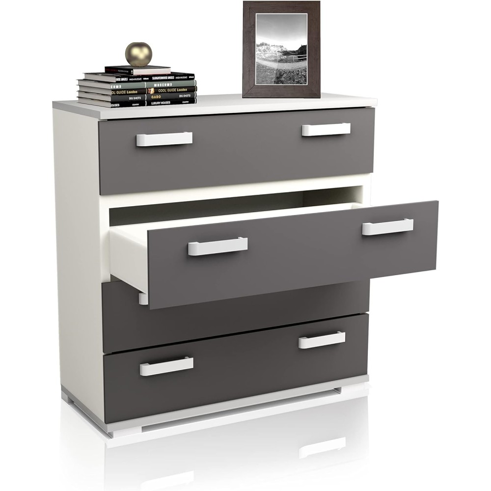 Comoda 4 Cajones, Color Blanco y Grafito, Medidas: 89 cm (Largo) x 89,6 cm (Alto) x 39,6 cm de (Fondo) Meyvaser