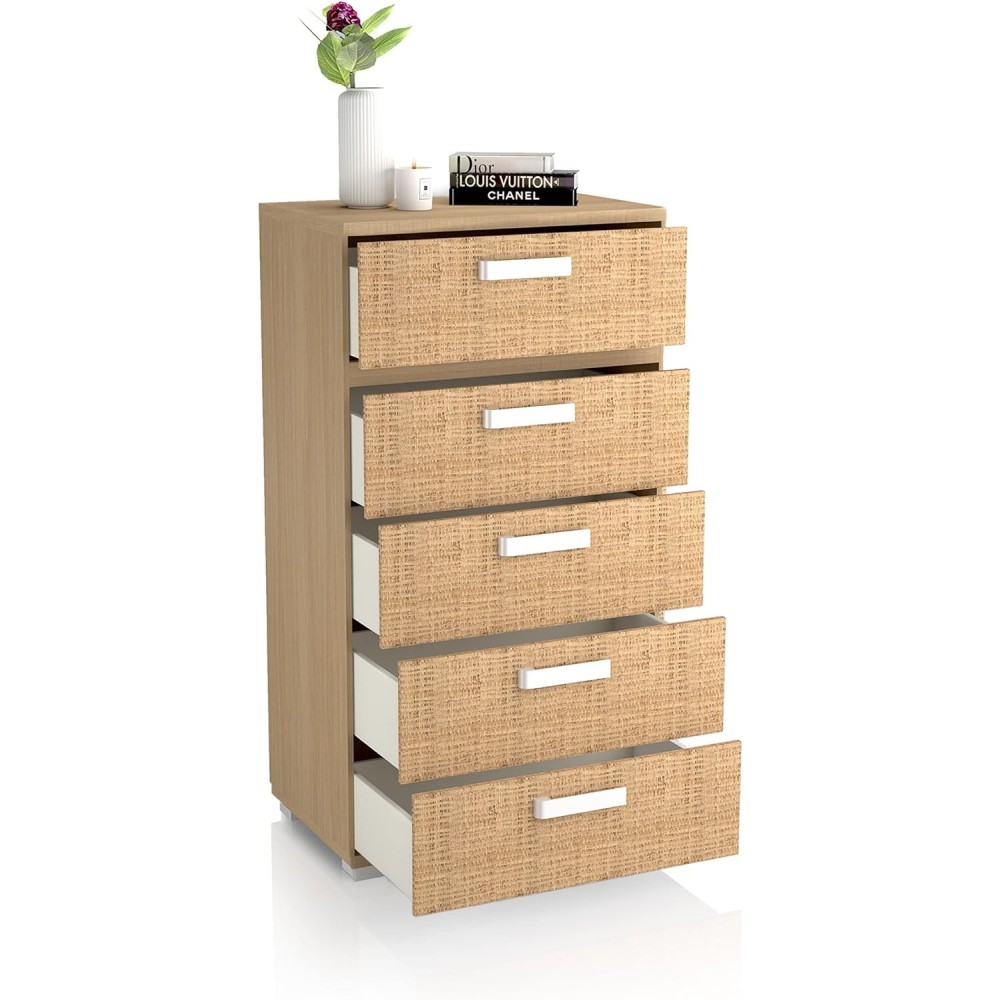 Sinfonier 5 Cajones, Cómoda, Color Puccini-Textil, Medidas: 60 cm (Largo) x 109,4 cm (Alto) x 39,6 cm de (Fondo) – Meyvaser