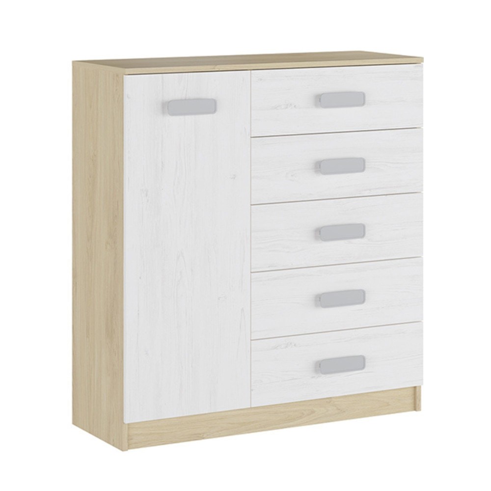 Cómoda Grande para Dormitorio o Salón – Natural y Blanco, 60 x 108 x 60 cm, 1 Puerta y 5 Cajones de Almacenaje.
