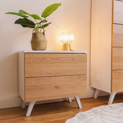 Meyvaser Mesita de noche 2 cajones Color blanco y Natural 52 cm (ancho) x 50 cm (alto) x 34,8 cm (fondo)