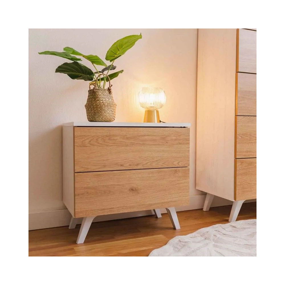 Meyvaser Mesita de noche 2 cajones Color blanco y Natural 52 cm (ancho) x 50 cm (alto) x 34,8 cm (fondo)