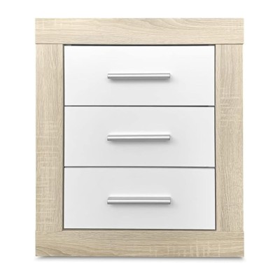 Mesita de Noche, Mesilla de Dormitorio, Acabado en Color Cambria y Blanco, Medidas: 50 cm (Lar) x 34,6 cm (Fon) x 60 cm (Al)