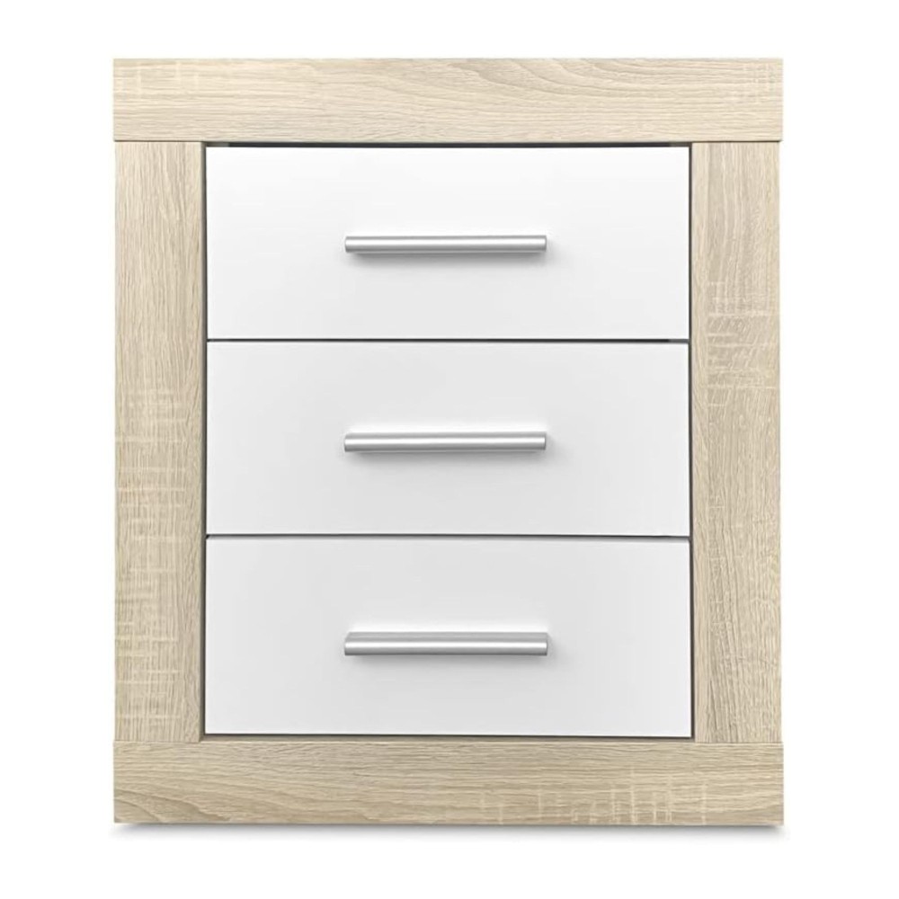 Mesita de Noche, Mesilla de Dormitorio, Acabado en Color Cambria y Blanco, Medidas: 50 cm (Lar) x 34,6 cm (Fon) x 60 cm (Al)