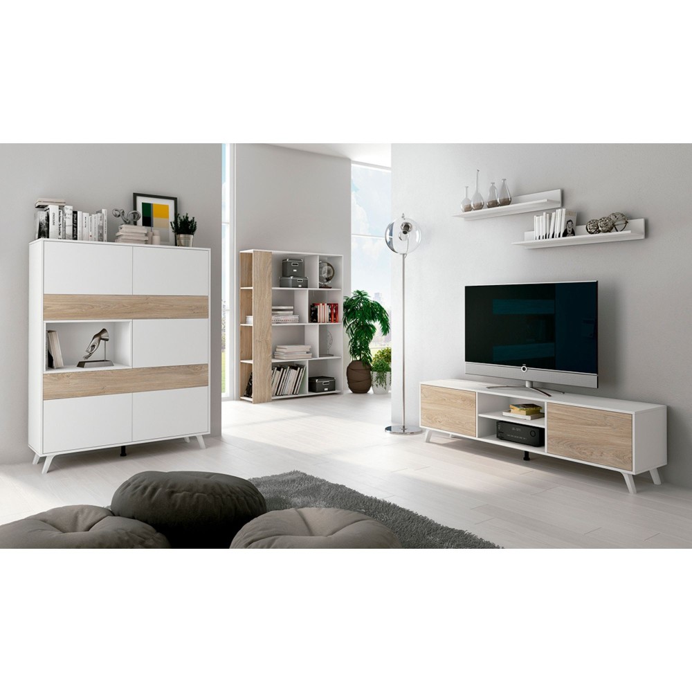 Conjunto de Salón Mueble Completo: Bajo TV, Vitrina, Estantería Decorativa y 2 Estantes - Estilo Roble y Blanco.