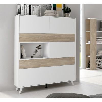Mueble Vitrina, Mueble de salón, Aparador cocina, Color Roble y Blanco, Medidas: 120 cm (An) x 150 cm (Al) x 40 cm (Fon)