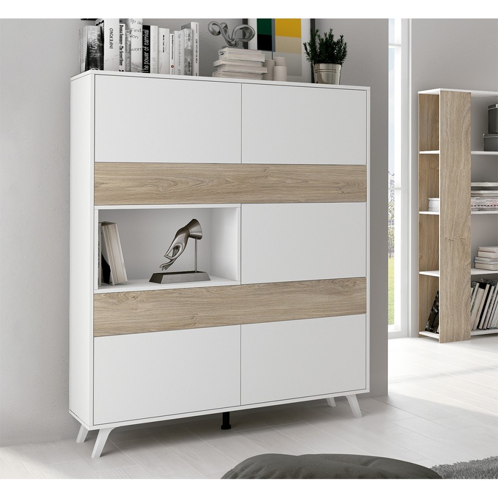 Mueble Vitrina, Mueble de salón, Aparador cocina, Color Roble y Blanco, Medidas: 120 cm (An) x 150 cm (Al) x 40 cm (Fon)