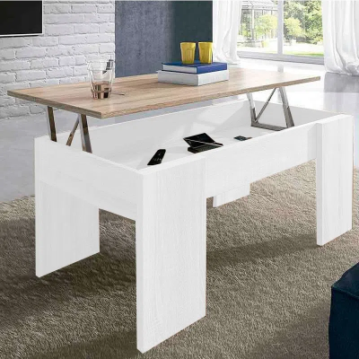 Mesa de Centro Elevable, Acabado en Color Blanco con Tapa Cambria, Medidas: 90 cm (Ancho) x 50 cm (Fondo) x 46-57 cm (Alto)