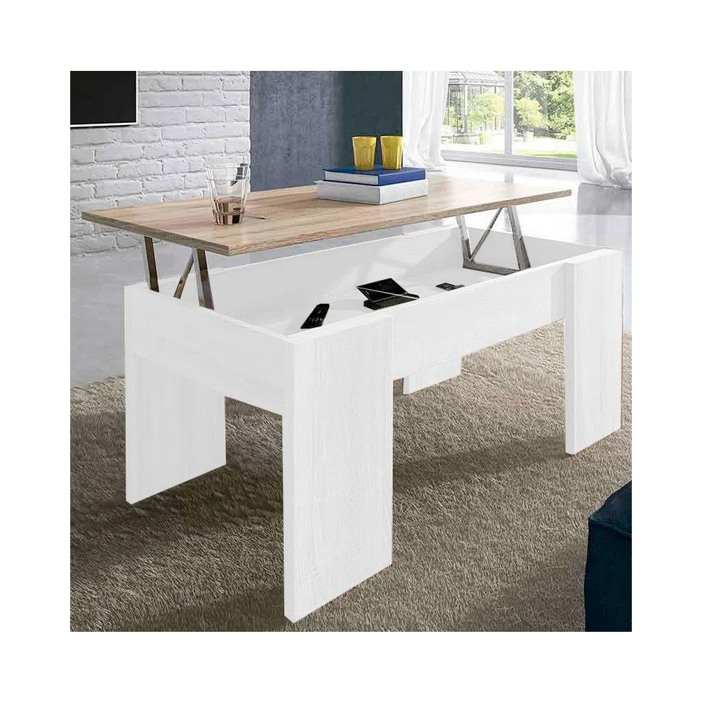 Mesa de Centro Elevable, Acabado en Color Blanco con Tapa Cambria, Medidas: 90 cm (Ancho) x 50 cm (Fondo) x 46-57 cm (Alto)