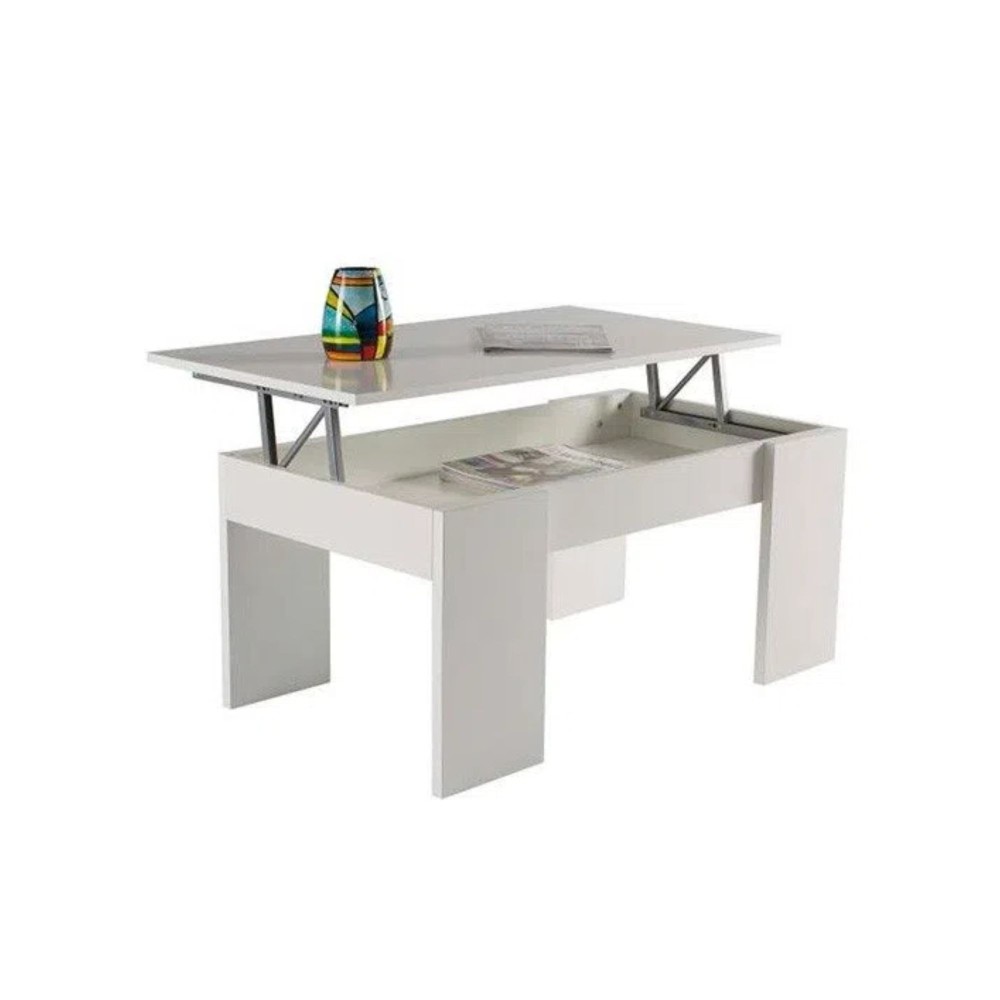 Mesa de Centro Elevable, Mesita de Salón o Comedor, Acabado en Color Blanco, Medidas: 90 cm (An) x 50 cm (Fon) x 46-57 cm (Al)