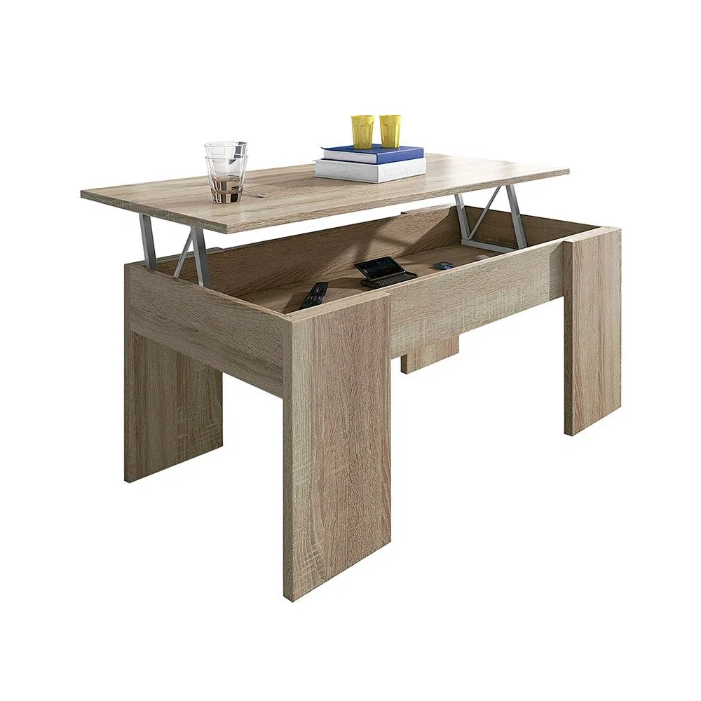 Mesa de Centro Elevable, Para Salón o Comedor,Acabado en Color Cambria, Medidas: 90 cm (An) x 50 cm (Fon) x 46-57 cm (Al)