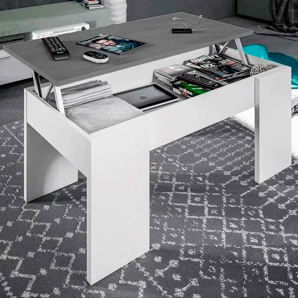 Mesa de Centro Elevable, Medidas: 90 cm x 50 cm x 46-57 cm, Acabado en Color Madera Blanca con Tapa Gris Piedra