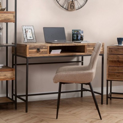 Escritorio Moderno Color Nogal con 2 Cajones y Patas Metálicas Negras – Diseño Elegante y Estable, 112x56x84 cm