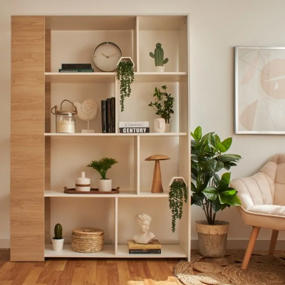 Estantería Decorativa, Librería, Acabado en Roble y Blanco, Medidas: 176 cm (Al) x 129 cm (Anc) x 28 cm (Fon)