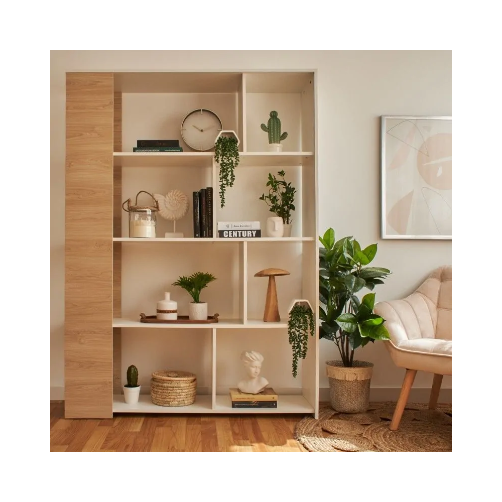 Estantería Decorativa, Librería, Acabado en Roble y Blanco, Medidas: 176 cm (Al) x 129 cm (Anc) x 28 cm (Fon)