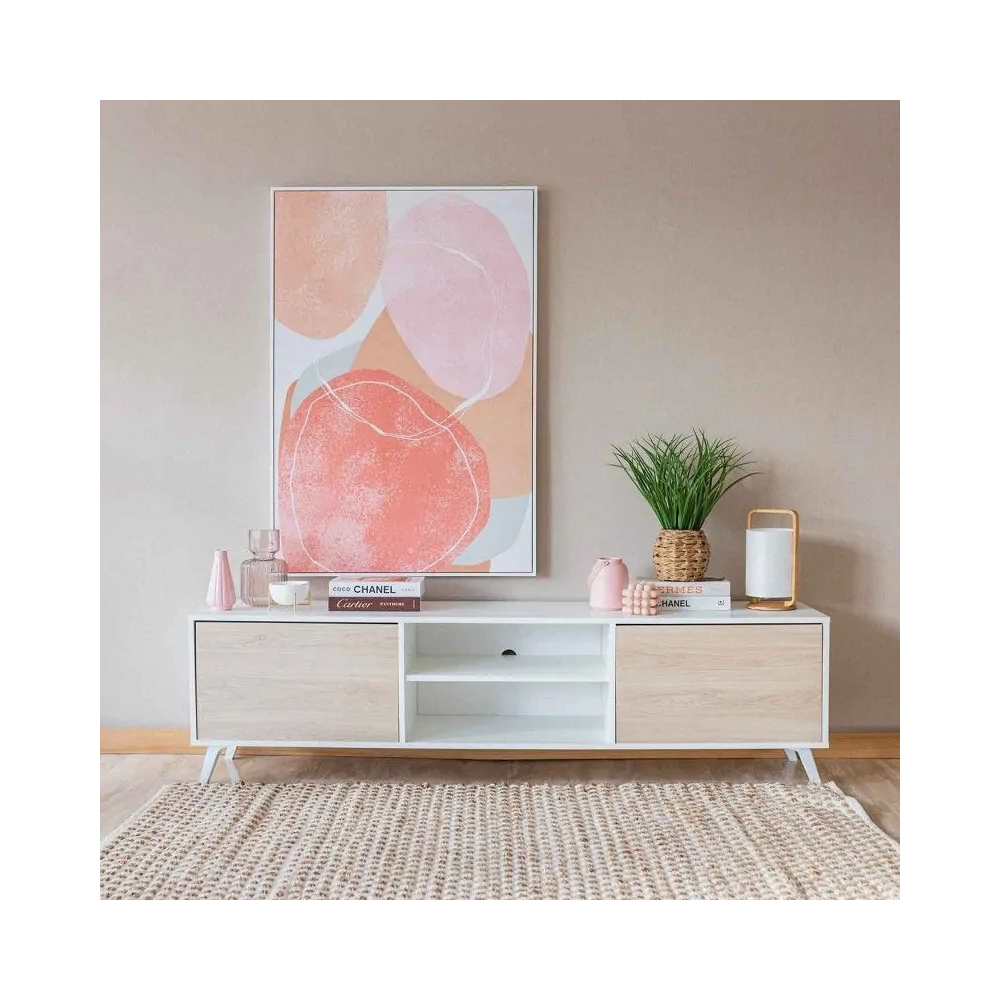 Mueble de TV de Diseño Nórdico, 2 Estantes y 2 Puertas, Cambria - Blanco, 49cm (Al)x 180cm (Anc) x 40cm (Fon)