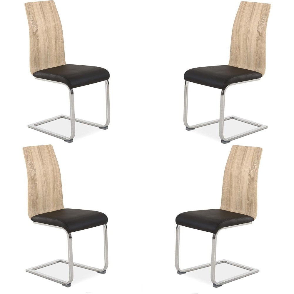 Pack 4 sillas de Comedor, Acabado en símil Piel Color Negro y Madera, Medidas: 44 cm (An) x 57 cm (Lar) x 97 cm (Al)