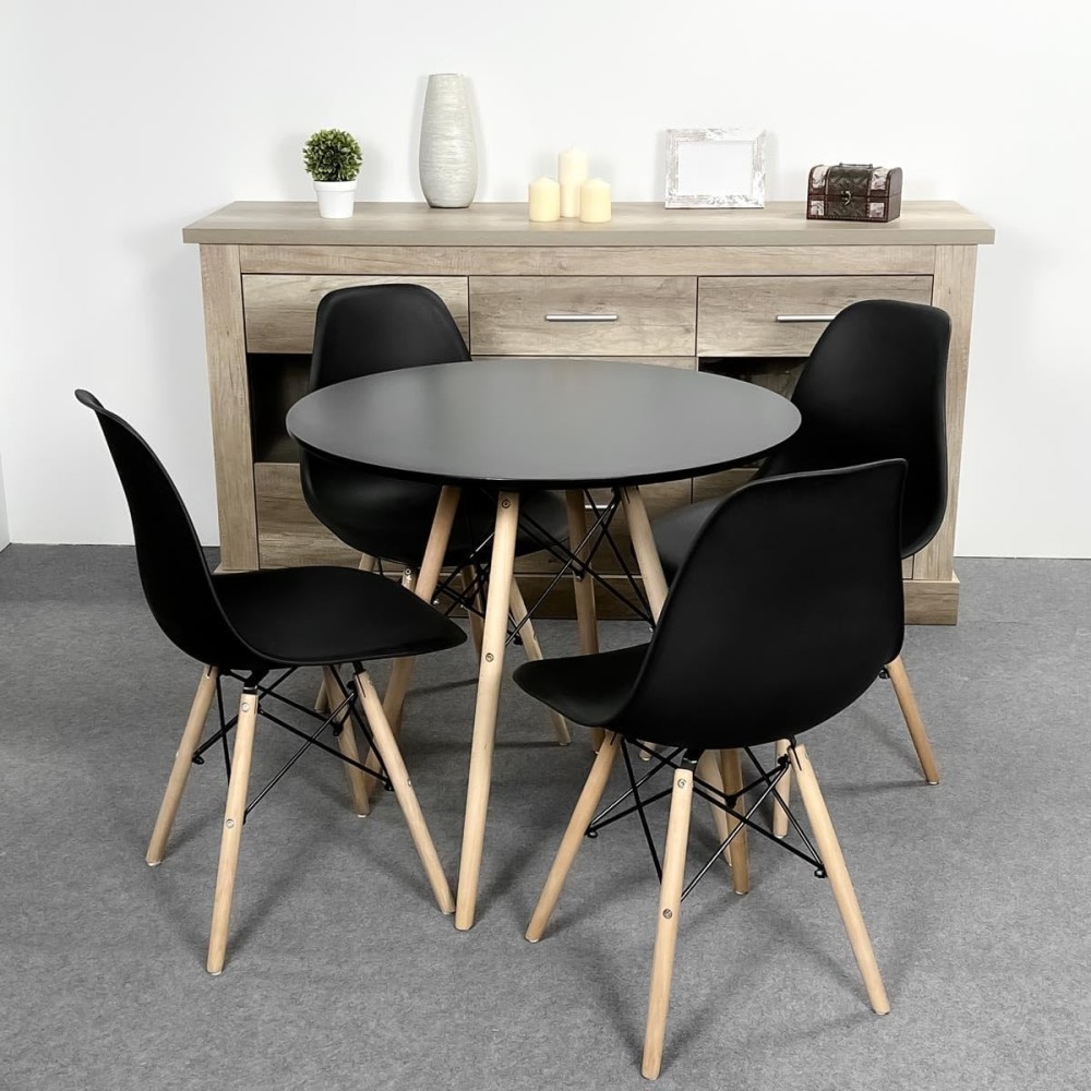 Conjunto Mesa y Sillas Nórdicas: Mesa Negra (80x80x76 cm) + 4 Sillas con Patas de Madera Haya (46,5 x 48 x 82 cm)