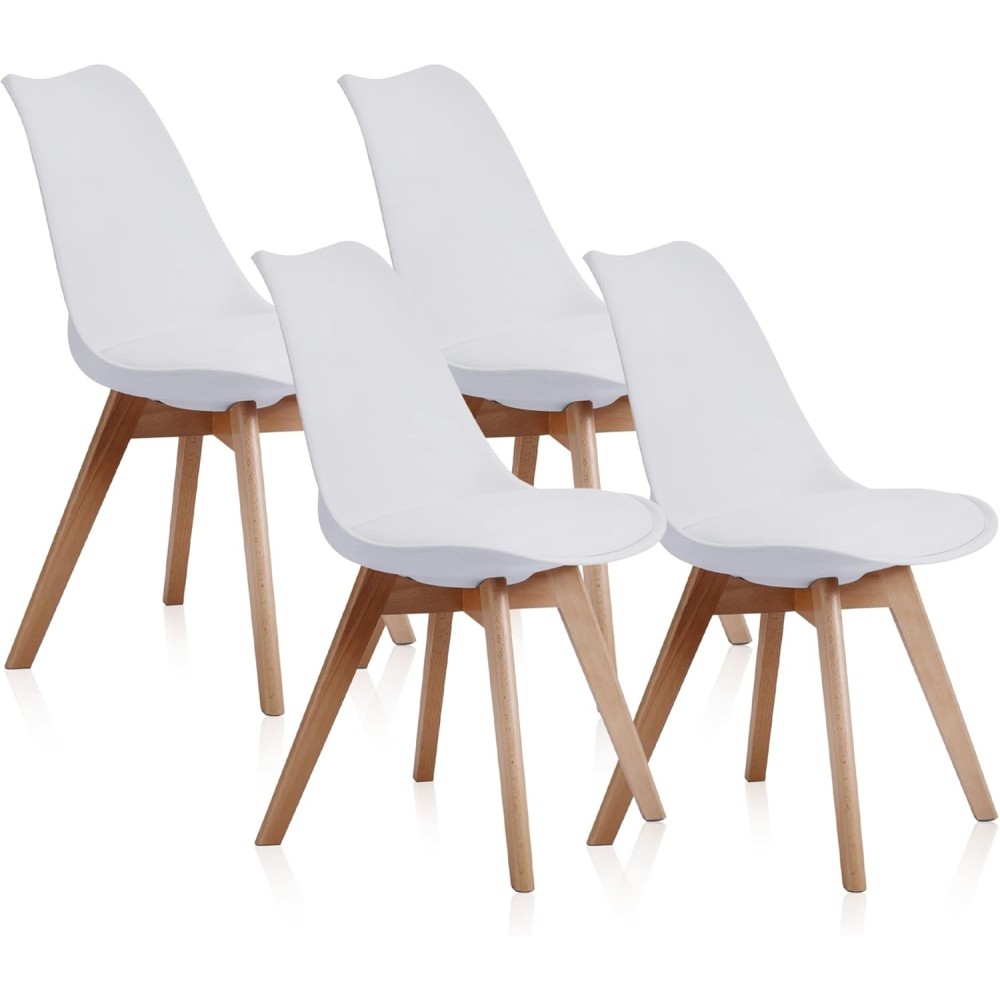 Pack de 4 Sillas para Comedor, Cocina o Salón – Simil Piel Blanca y Madera, Medidas: 48 cm x 45 cm x 84 cm.