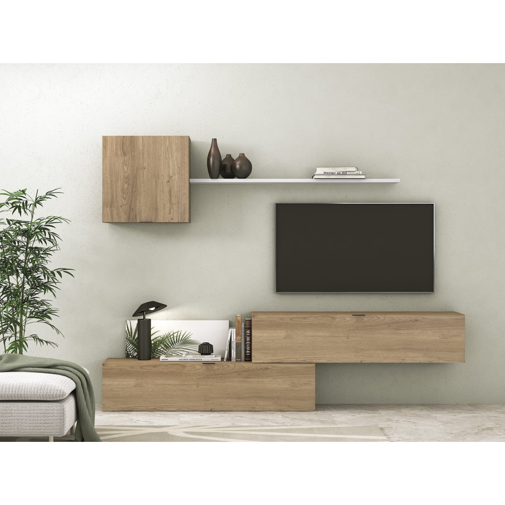 Meyvaser Mueble de salón y TV Conjunto muebles de salón apilable 235 Cm Ancho Color madera y blanco