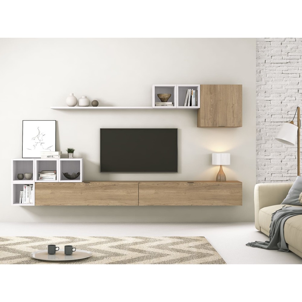 Meyvaser Mueble de salón y TV Conjunto muebles de salón apilable 301 Cm Ancho Color madera y blanco