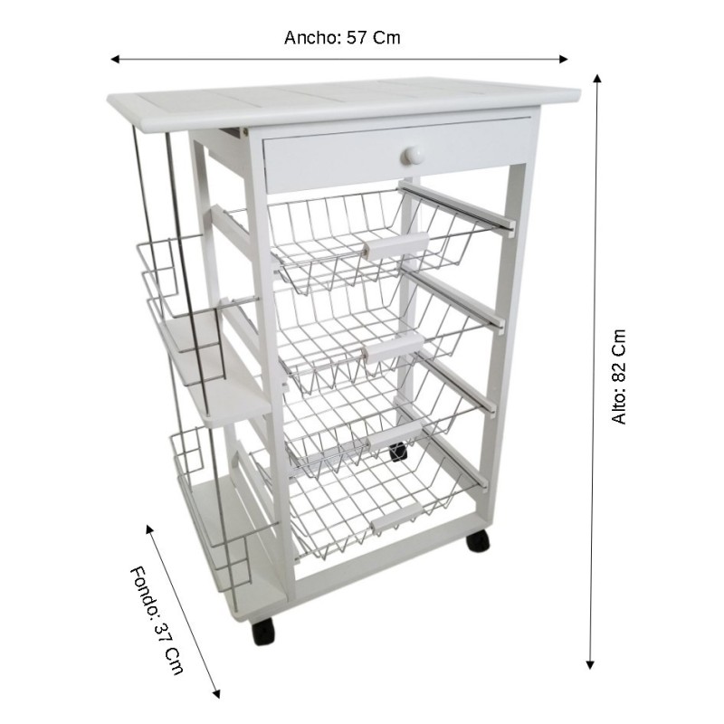 Carro Verdulero de Cocina con Botellero Lateral Blanco Oporto 57x37x82