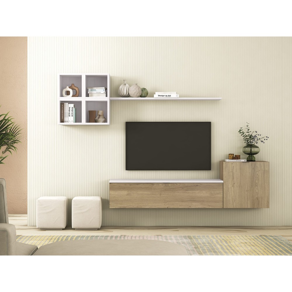 Meyvaser Mueble de salón y TV Conjunto muebles de salón apilable 245 Cm Ancho Color madera y blanco