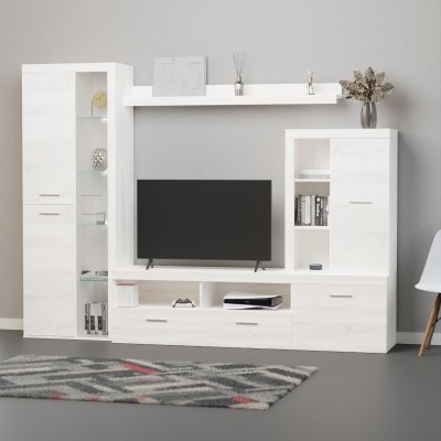 Mueble de Salón Moderno con Leds, Acabado en Andersen Pino, Medidas: 260 cm (Ancho) x 191 cm (Alto) 47,5 cm (Fondo)