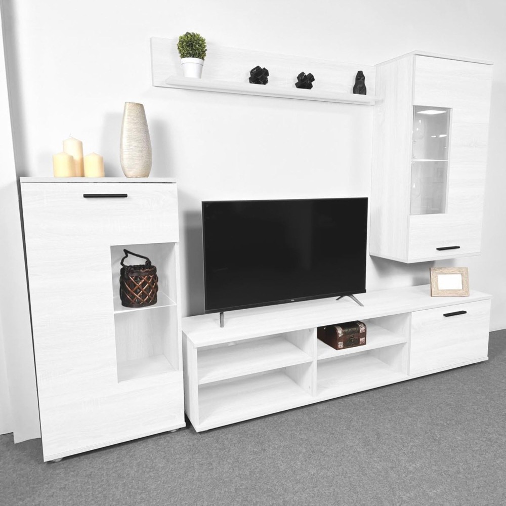 Mueble de Salón Moderno con Leds, Acabado en Andersen, Medidas: 229 cm (Ancho) x 200 cm (Alto) 38 cm (Fondo)