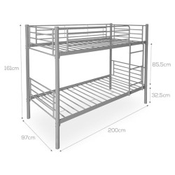Litera Metálica Reforzada para Dos personas, Acabado en Gris, Medidas: 200 cm (Lar) x 97 cm (Fon) x 161 cm (Al)