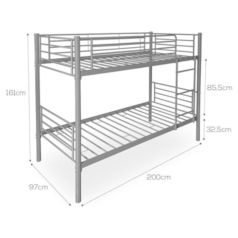 Litera Metálica Reforzada para Dos personas, Acabado en Gris, Medidas: 200 cm (Lar) x 97 cm (Fon) x 161 cm (Al)