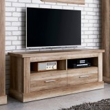 Mueble TV, Mesa de televisión 2 Puertas y 2 Estantes, Acabado en Color Cañón, Patas de Madera, 135 cm Lar x 56,6 cm Al x 41,5 Cm