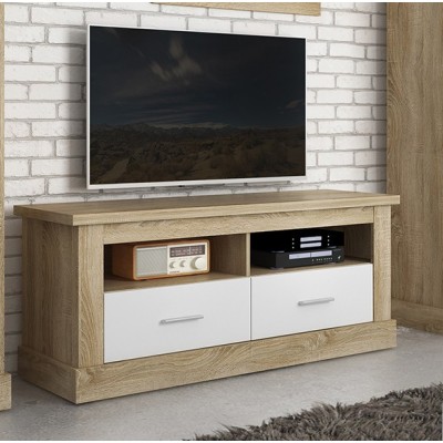 Mueble TV,Mesa de televisión 2 Puertas y 2 Estantes, Acabado en Cambria y Blanco, Patas de Madera, 135 cm Lar x 56,6 cm Al