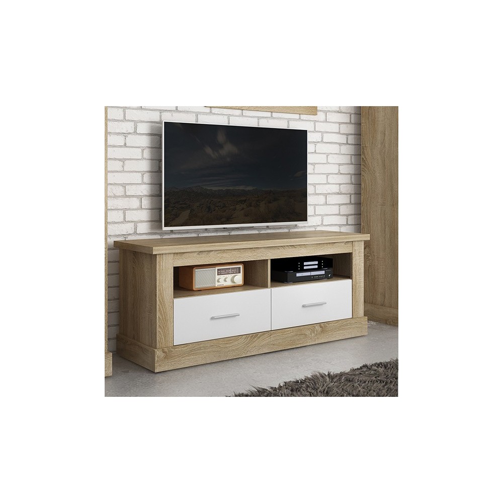 Mueble TV,Mesa de televisión 2 Puertas y 2 Estantes, Acabado en Cambria y Blanco, Patas de Madera, 135 cm Lar x 56,6 cm Al
