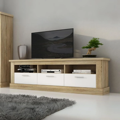 Mueble TV, Mesa de televisión 3 Puertas y 3 Estantes, Acabado en Cambria y Blanco, Patas de Madera,180 cm Lar x 56,6 cm Al x