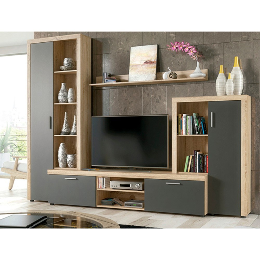 Meyvaser Mueble de salón y TV Composición de salón grande 263 Cm Cambrian- Grafito en madera de gran calidad