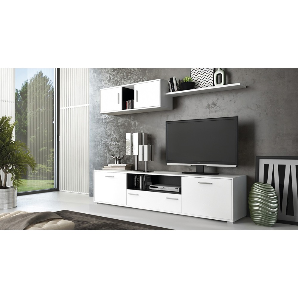 Meyvaser Mueble de salón y TV Composición para salón 200 Cm Color Blanco Gran Espacio Almacenamiento