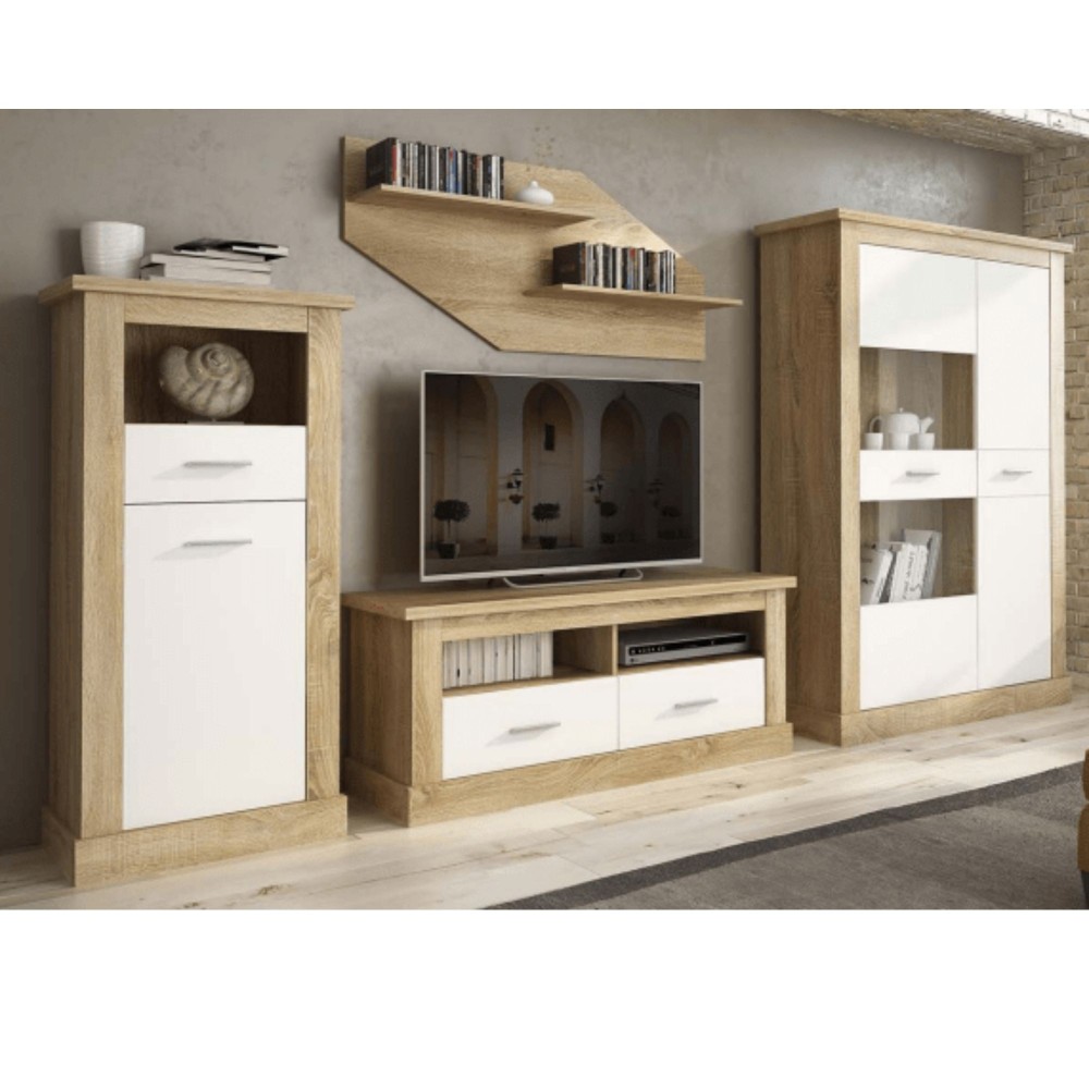 Mueble de Comedor, Mueble Salón, Acabado en Blanco y Cambria, Medidas: 326 cm (Ancho) x 174,7 cm (Alto) x 41,8 cm (Fondo)