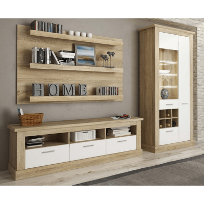 Mueble de Comedor, Mueble Salón, Acabado en Blanco y Cambria, Medidas: 276 cm (Ancho) x 201,6 cm (Alto) x 41,8 cm (Fondo)