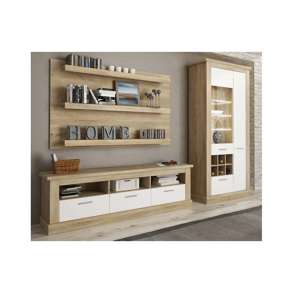 Mueble de Comedor, Mueble Salón, Acabado en Blanco y Cambria, Medidas: 276 cm (Ancho) x 201,6 cm (Alto) x 41,8 cm (Fondo)