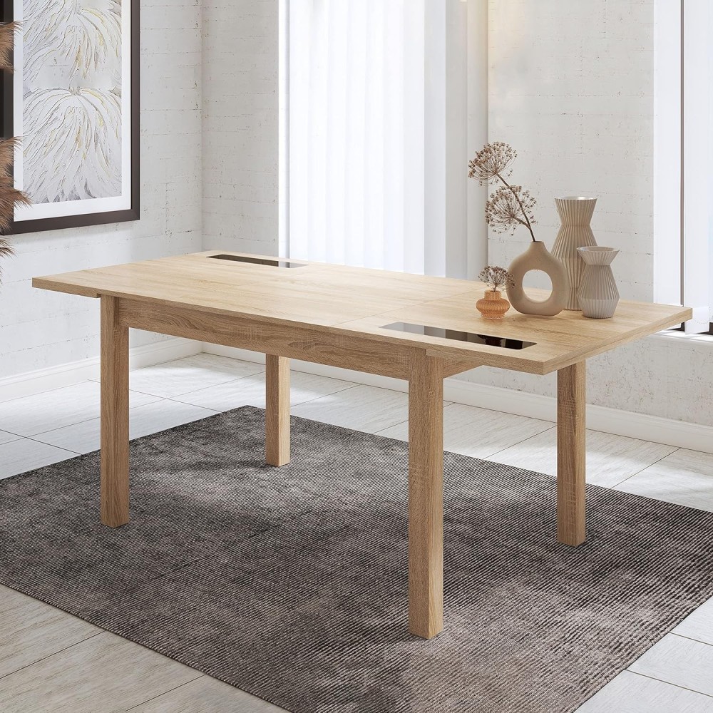 Mesa Comedor, Mesa de salón Extensible, Acabado en Color Cambria y Cristal, Medidas: 140-180 cm (Lar) x 90 cm (Anc) x 75 cm (Al)