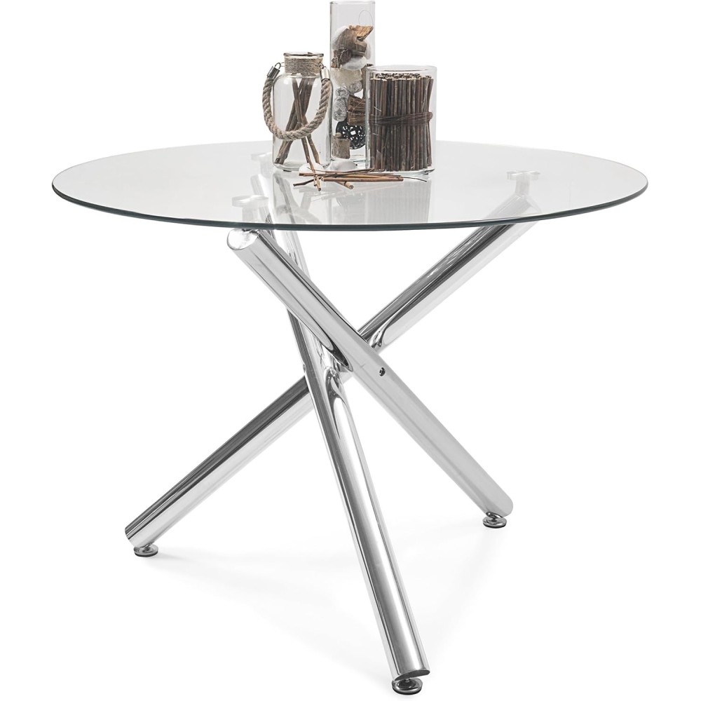 Mesa de Comedor Redonda | Tapa de Cristal y Pata Cromada | Diámetro 110 cm.