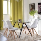 Mesa de Comedor de Cristal Templado - Patas Metálicas Negras y Travesaño de Madera | Diseño Moderno | 140x90 x 75 cm