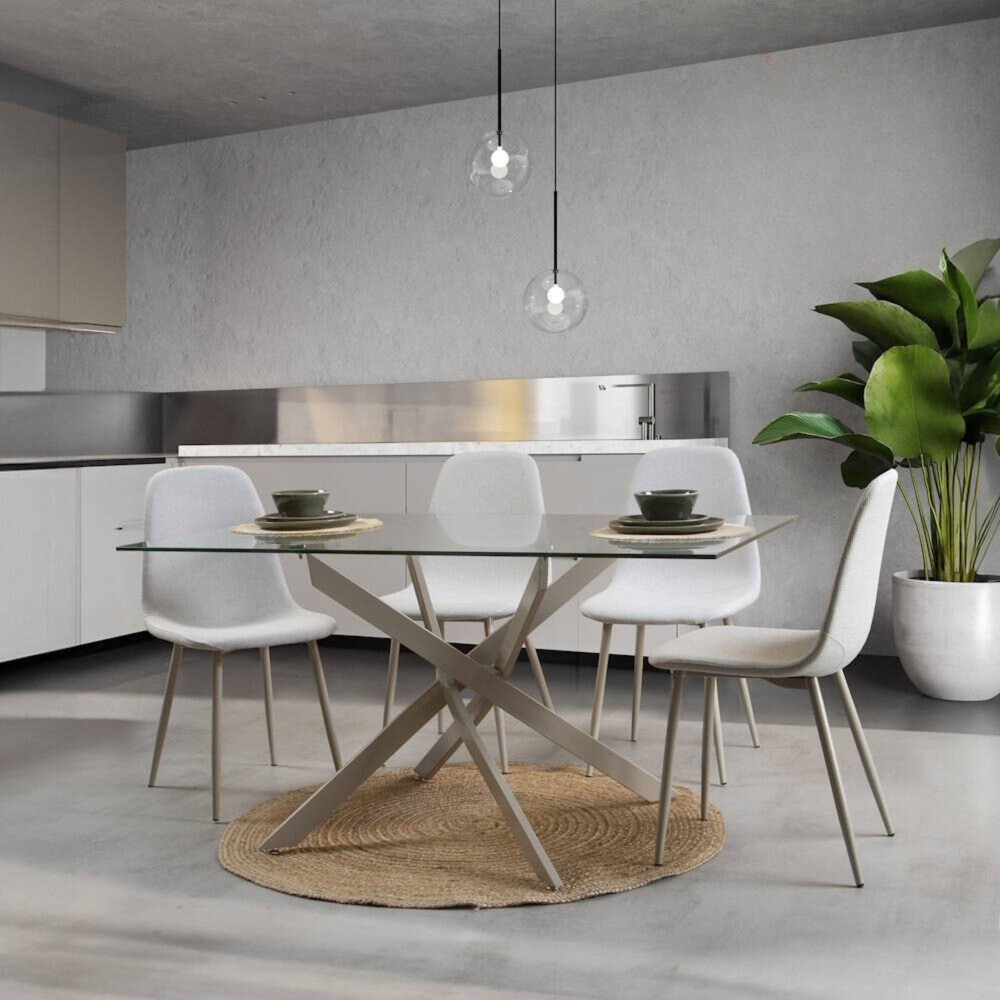 Mesa de Comedor Fija | Tapa de Cristal y Patas Metálicas | Medidas: 140 x 90 x 76 cm (Largo x Ancho x Alto)