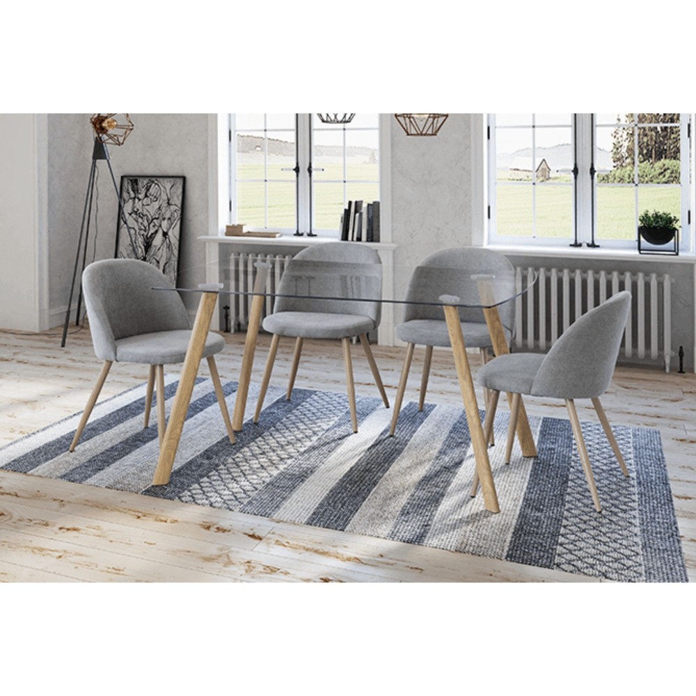 Mesa de Comedor Nórdica | Diseño con Tapa de Cristal Transparente y Patas de Metal Color Roble | Dimensiones: 140 x 80 x 76 cm